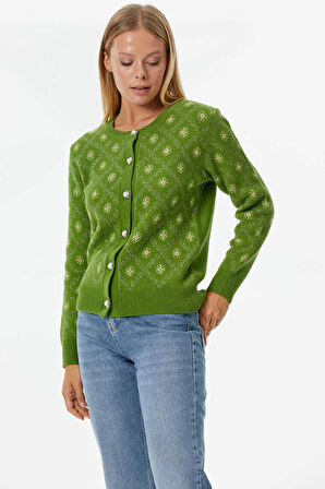 İnci Düğmeli Çiçek Desenli Triko Hırka  - Yeşil