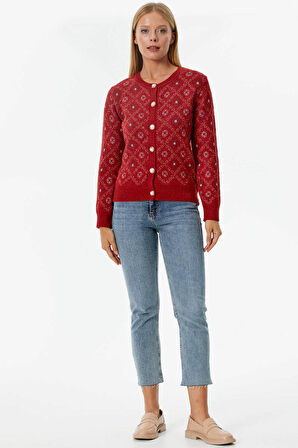İnci Düğmeli Çiçek Desenli Triko Hırka  - Kırmızı