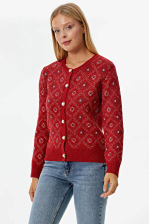 İnci Düğmeli Çiçek Desenli Triko Hırka  - Kırmızı