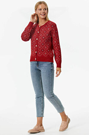 İnci Düğmeli Çiçek Desenli Triko Hırka  - Kırmızı