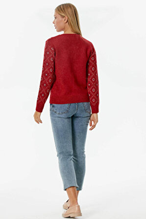 İnci Düğmeli Çiçek Desenli Triko Hırka  - Kırmızı