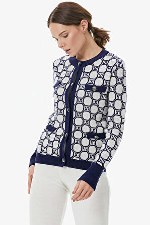 Sıfır Yaka Düğmeli Cep Detaylı Triko Hırka  - Lacivert - Beyaz