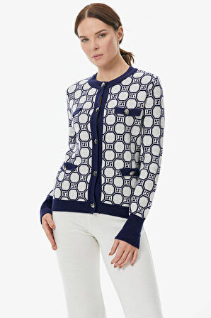 Sıfır Yaka Düğmeli Cep Detaylı Triko Hırka  - Lacivert - Beyaz