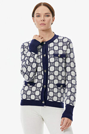 Sıfır Yaka Düğmeli Cep Detaylı Triko Hırka  - Lacivert - Beyaz