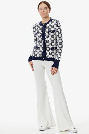 Sıfır Yaka Düğmeli Cep Detaylı Triko Hırka  - Lacivert - Beyaz