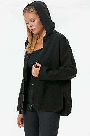 Çelik Örgü Fermuarlı Kapüşonlu Triko Ceket  - Siyah