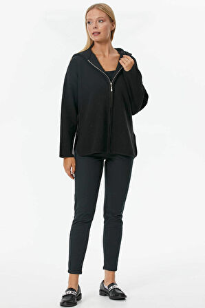 Çelik Örgü Fermuarlı Kapüşonlu Triko Ceket  - Siyah