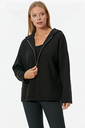 Çelik Örgü Fermuarlı Kapüşonlu Triko Ceket  - Siyah