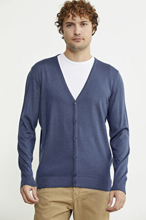 Erkek V Yaka Düğmeli Triko Hırka - Indigo