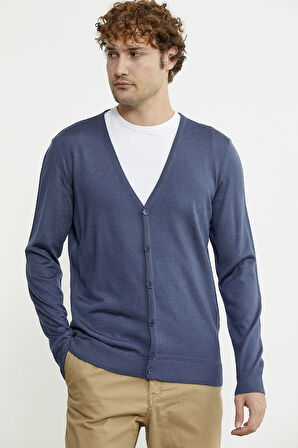 Erkek V Yaka Düğmeli Triko Hırka - Indigo