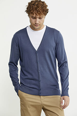 Erkek V Yaka Düğmeli Triko Hırka - Indigo