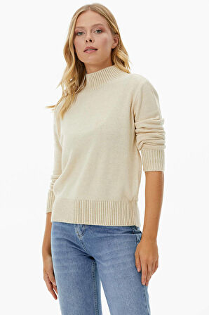 Yarım Balıkçı Sim Detaylı Triko Kazak  - Kemik