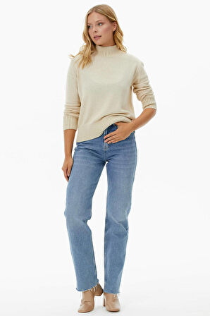 Yarım Balıkçı Sim Detaylı Triko Kazak  - Kemik