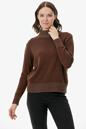 Yarım Balıkçı Sim Detaylı Triko Kazak  - Kahve