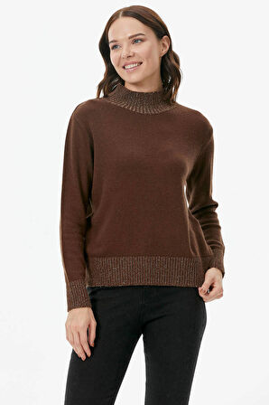 Yarım Balıkçı Sim Detaylı Triko Kazak  - Kahve