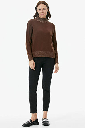 Yarım Balıkçı Sim Detaylı Triko Kazak  - Kahve