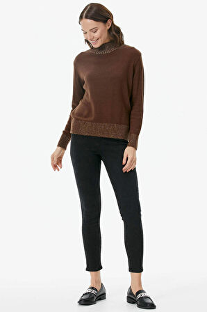 Yarım Balıkçı Sim Detaylı Triko Kazak  - Kahve