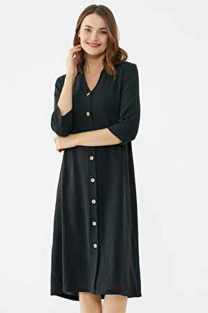 Rahat Kalıp Midi Boy Düğmeli Elbise  - Siyah