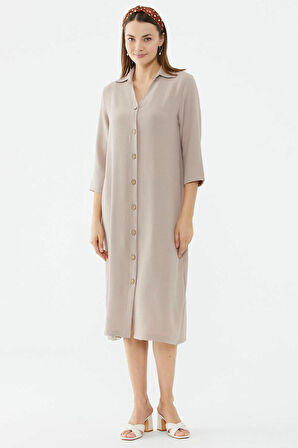 Rahat Kalıp Midi Boy Düğmeli Elbise  - Vizon