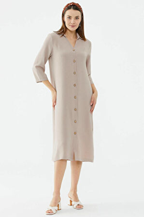 Rahat Kalıp Midi Boy Düğmeli Elbise  - Vizon