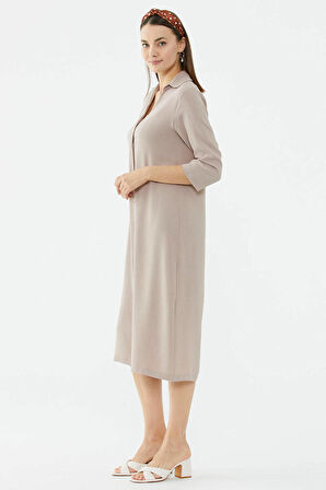 Rahat Kalıp Midi Boy Düğmeli Elbise  - Vizon