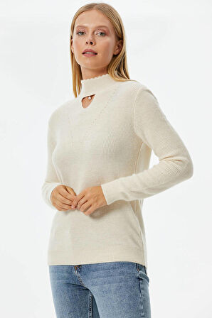 Damla Yaka İnci Detaylı Triko Kazak  - Kemik