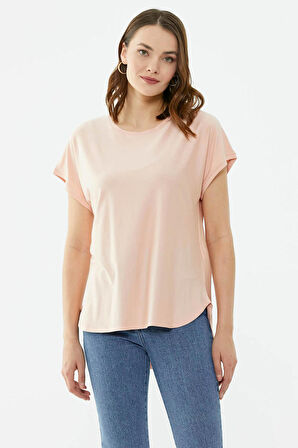 Yarasa Kol Arkası Uzun Tshirt  - Pudra