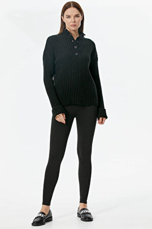 Yarım Balıkçı Yaka Düğmeli Kazak  - Siyah