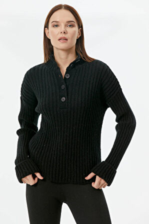 Yarım Balıkçı Yaka Düğmeli Kazak  - Siyah