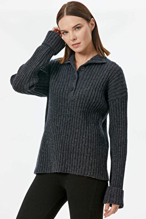 Yarım Balıkçı Yaka Düğmeli Kazak  - Antrasit