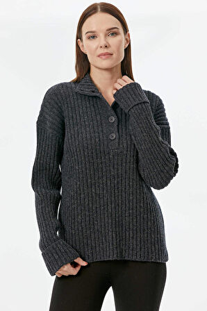 Yarım Balıkçı Yaka Düğmeli Kazak  - Antrasit