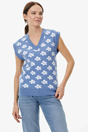 V Yaka Çiçek Motifli Triko Süveter  - Mavi