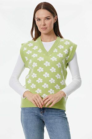 V Yaka Çiçek Motifli Triko Süveter  - Yeşil