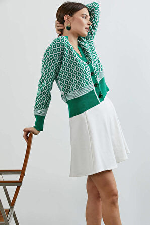 Düğmeli Geometrik Desenli Triko Hırka  - Yeşil