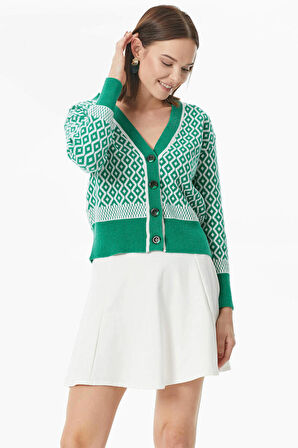 Düğmeli Geometrik Desenli Triko Hırka  - Yeşil