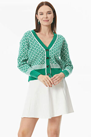 Düğmeli Geometrik Desenli Triko Hırka  - Yeşil