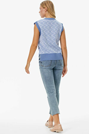 Zikzak Desenli Triko Süveter  - Mavi