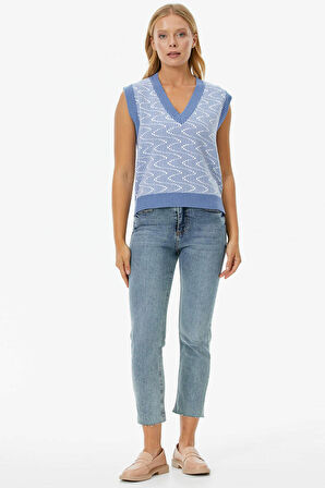 Zikzak Desenli Triko Süveter  - Mavi