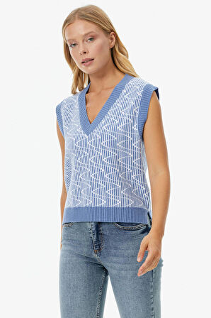 Zikzak Desenli Triko Süveter  - Mavi