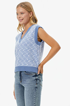 Zikzak Desenli Triko Süveter  - Mavi