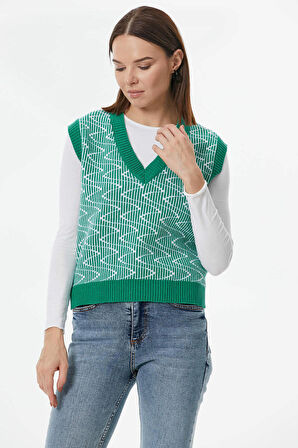 Zikzak Desenli Triko Süveter  - Yeşil