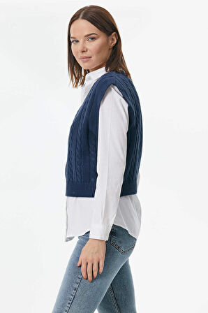 V Yaka Saç Örgülü Triko Süveter  - Lacivert