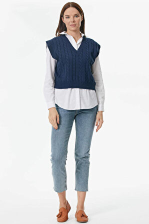 V Yaka Saç Örgülü Triko Süveter  - Lacivert