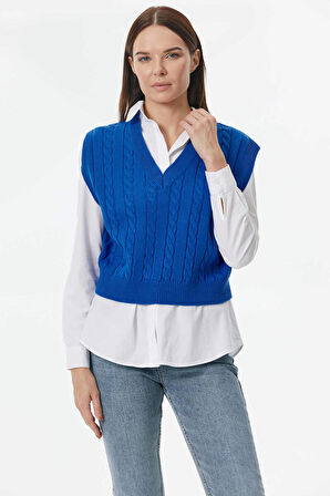 V Yaka Saç Örgülü Triko Süveter  - Saks