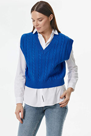 V Yaka Saç Örgülü Triko Süveter  - Saks