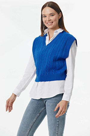 V Yaka Saç Örgülü Triko Süveter  - Saks