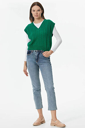 V Yaka Saç Örgülü Triko Süveter  - Yeşil