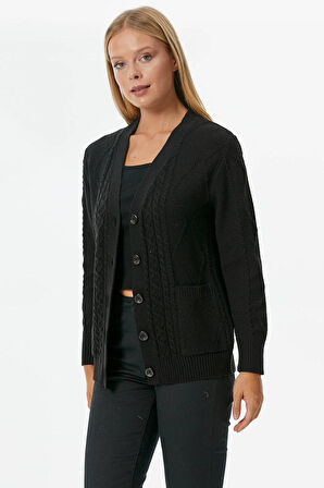 Düğmeli Saç Örgülü Triko Hırka  - Siyah