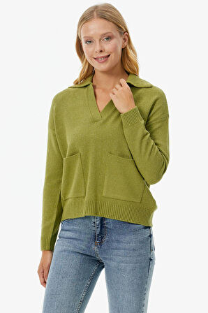 Polo Yaka Cepli Triko Kazak  - Yeşil