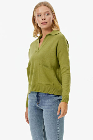 Polo Yaka Cepli Triko Kazak  - Yeşil